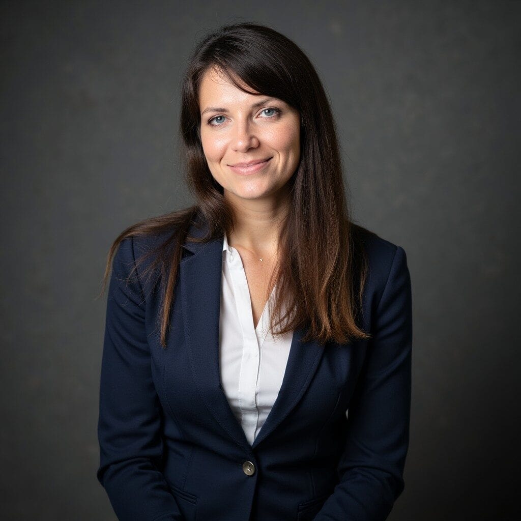 A woman with long brown hair wearing a navy blazer and white shirt poses in front of a plain dark background.