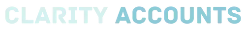 Text logo with the words "CLARITY ACCOUNTS" in uppercase, featuring a gradient color effect from white to light blue.
