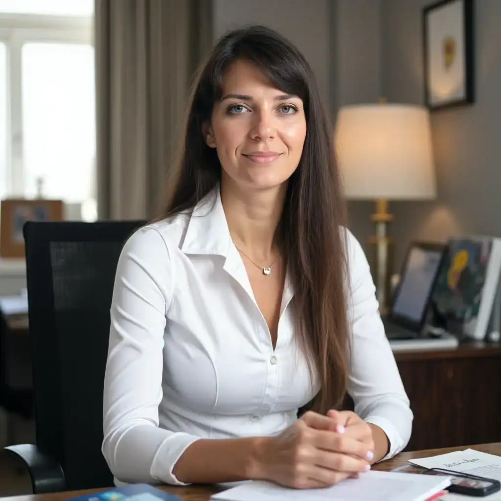 A woman with long brown hair in a white blouse sits at a desk in an office, looking at the camera with a neutral expression. Papers and a lamp are visible on the desk.