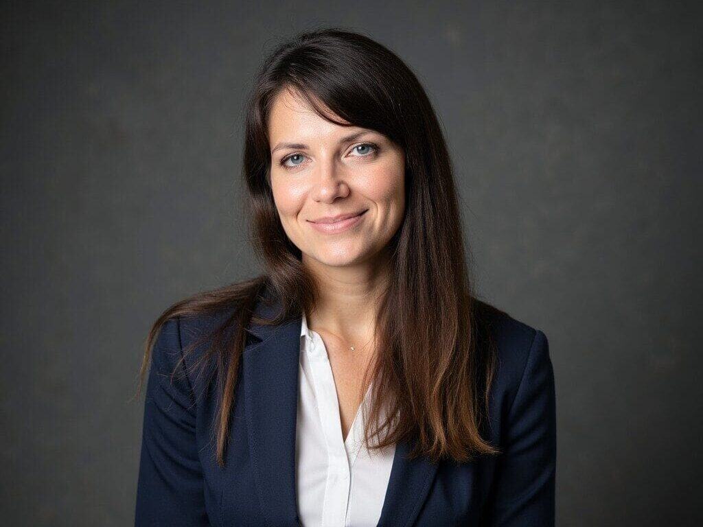 A woman with long brown hair wearing a navy blazer and white shirt poses in front of a plain dark background.
