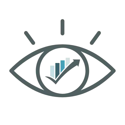 Gray outline of an eye with a checkmark and three vertical bars inside, suggesting analytics or data visualization.