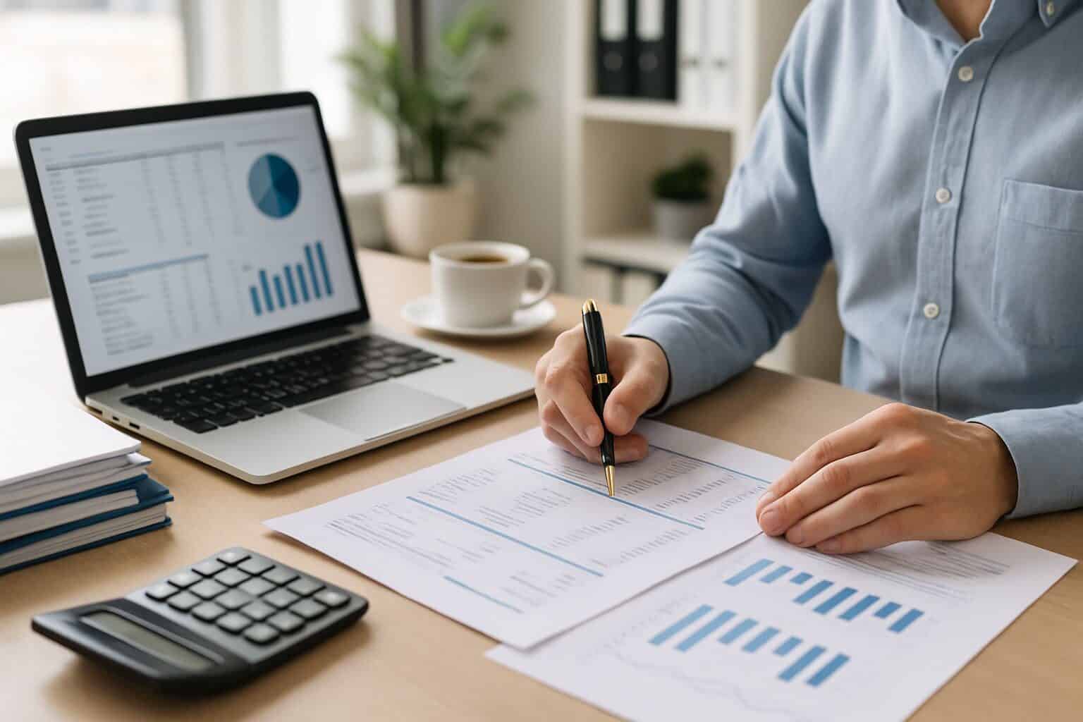 A person reviewing financial documents and spreadsheets at a tidy office desk with folders, a calculator, and a laptop.