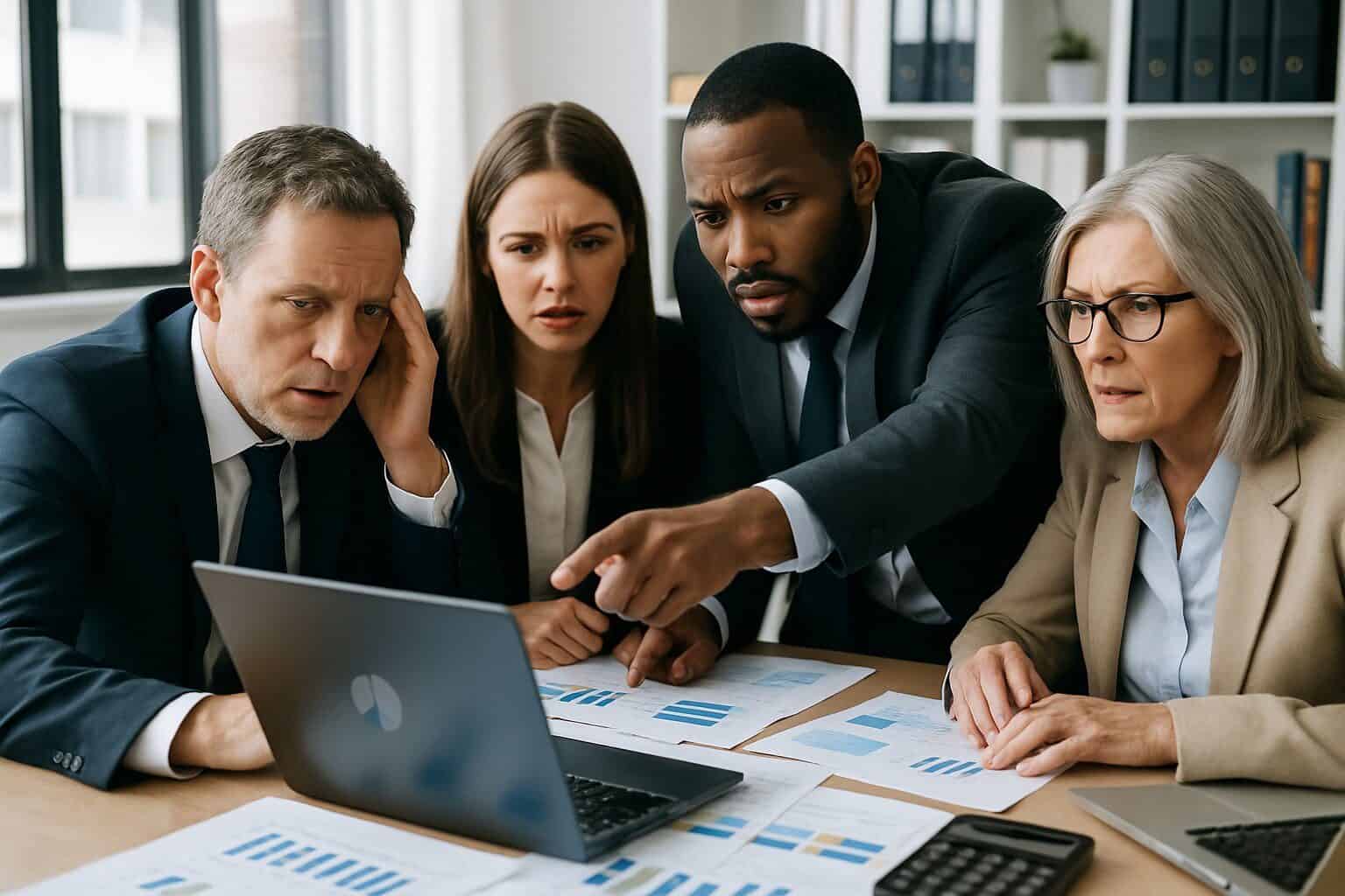 A group of business professionals in an office reviewing financial documents and charts together, appearing focused and concerned.
