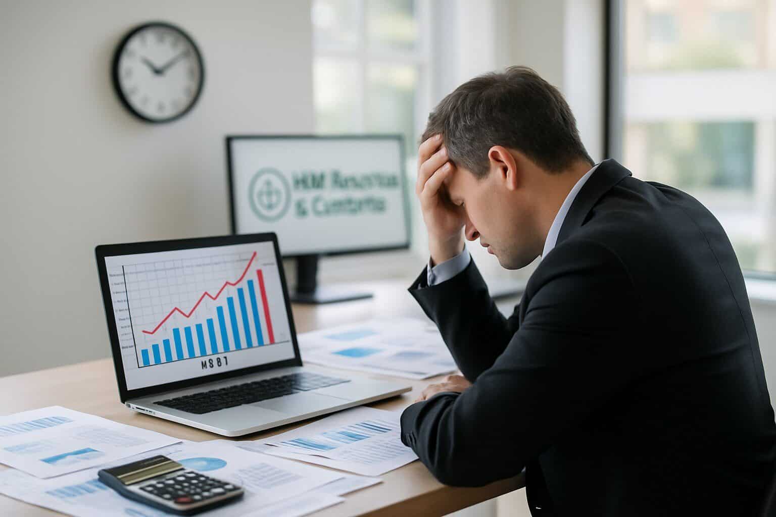 A man in a suit sits at a desk with his head in his hand, looking at a laptop displaying an upward-trending graph. Papers, a calculator, and office equipment are visible.