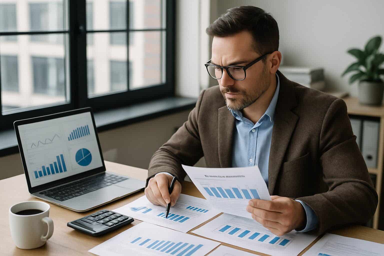 A man in glasses reviews financial charts and graphs at a desk with a laptop, documents, calculator, and coffee cup.
