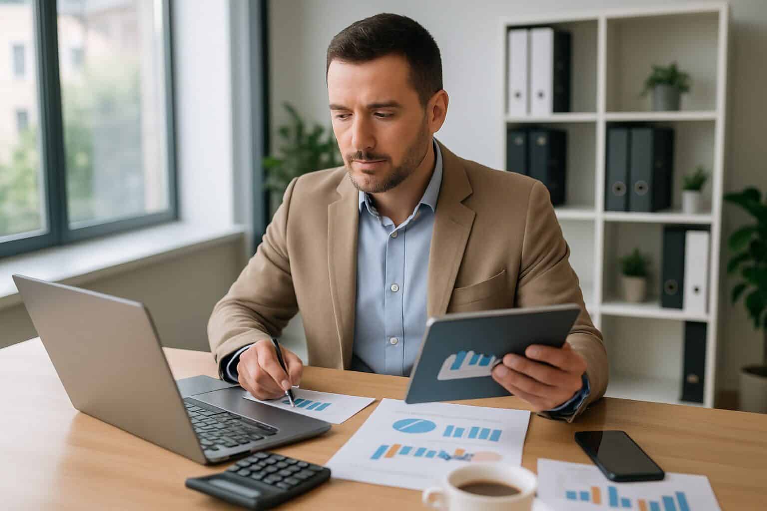 A small business owner reviewing financial documents at a desk in a bright office.