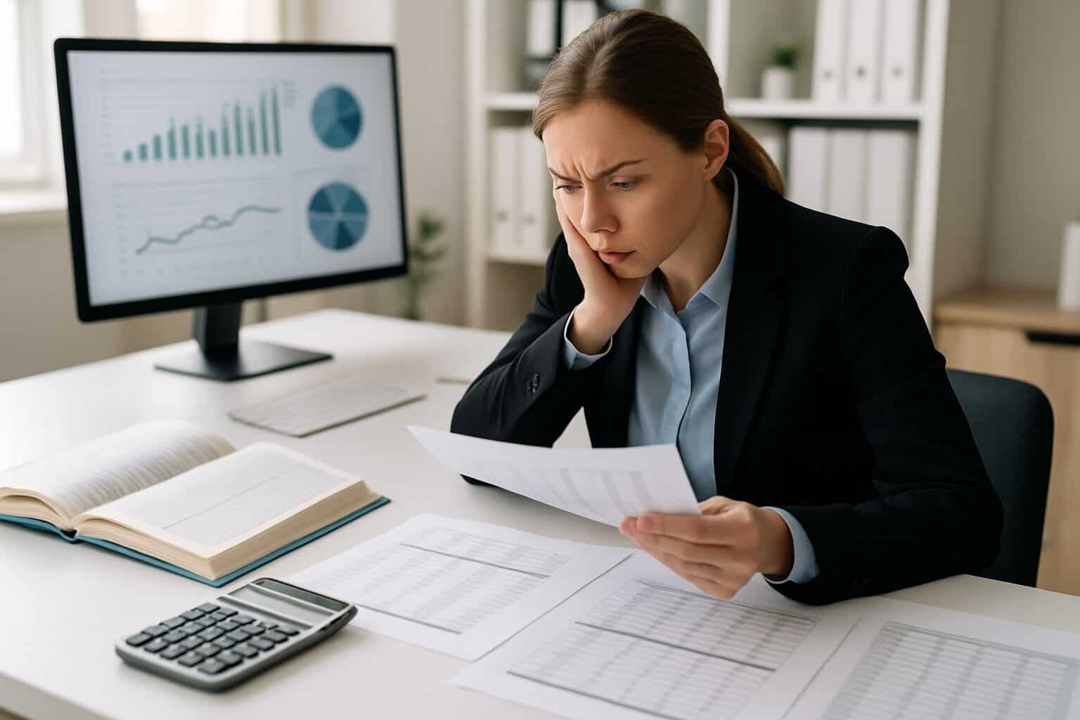 Woman in business attire sits at a desk, looking concerned while reviewing financial documents; a computer with charts and a calculator are also visible.