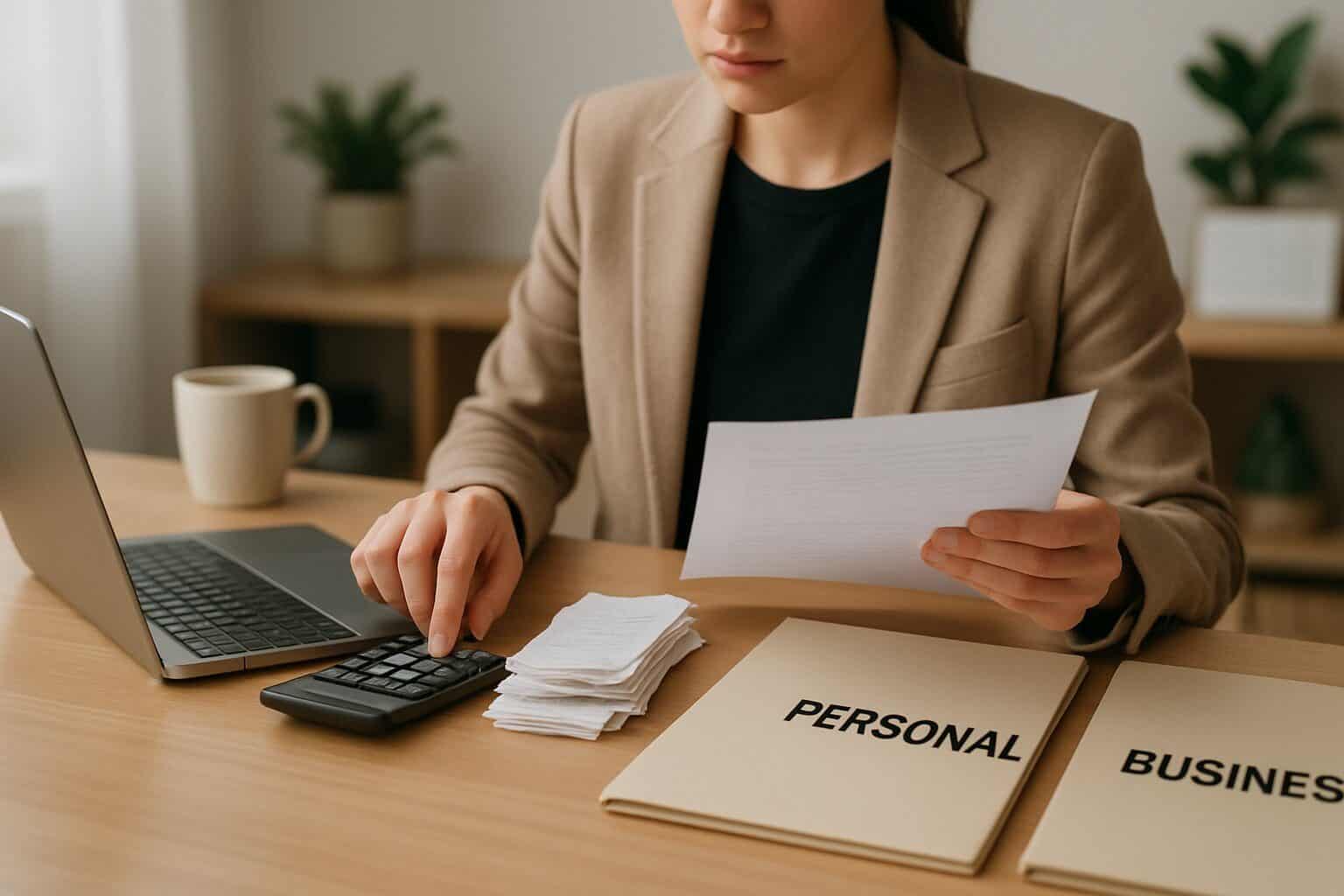 Woman sitting at desk with laptop, using calculator, holding a paper, and sorting paperwork labeled "PERSONAL" and "BUSINESS.